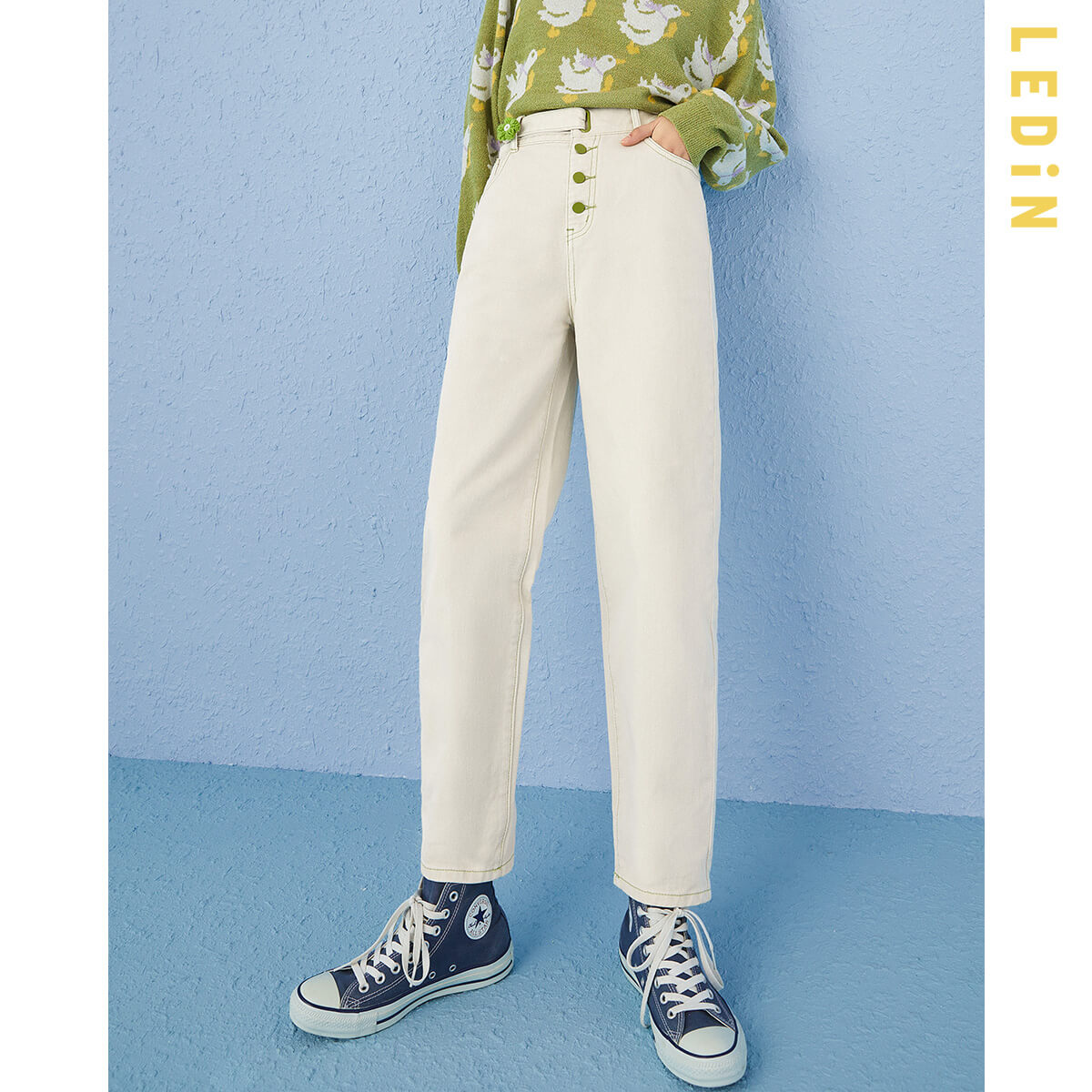 直筒牛仔褲女2021年春季新款褲子女裝童趣花花牛仔褲寬鬆 直筒牛仔褲女2021年春季新款褲子女裝童趣花花牛仔褲寬鬆